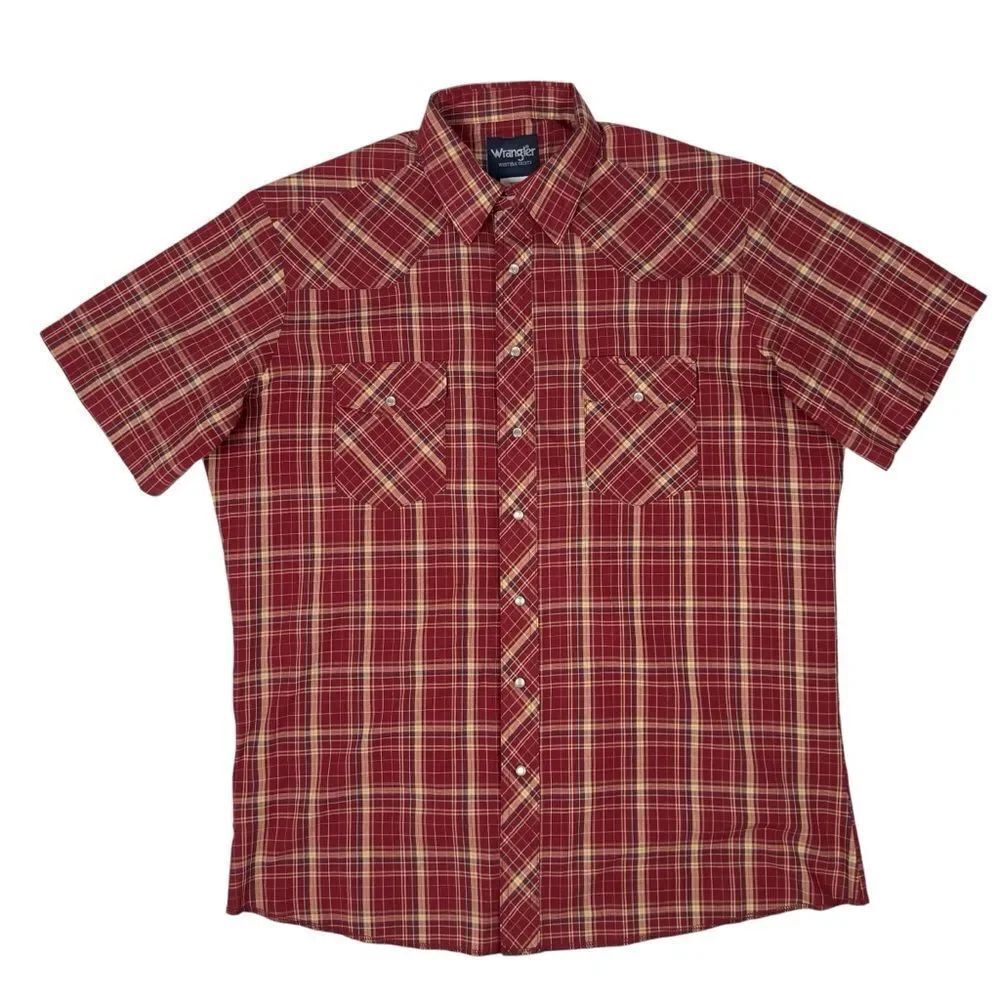 Wrangler Western Shirt Mens XLT Red Plaid Pearl Snap Cowboy Short Sleeve Tall